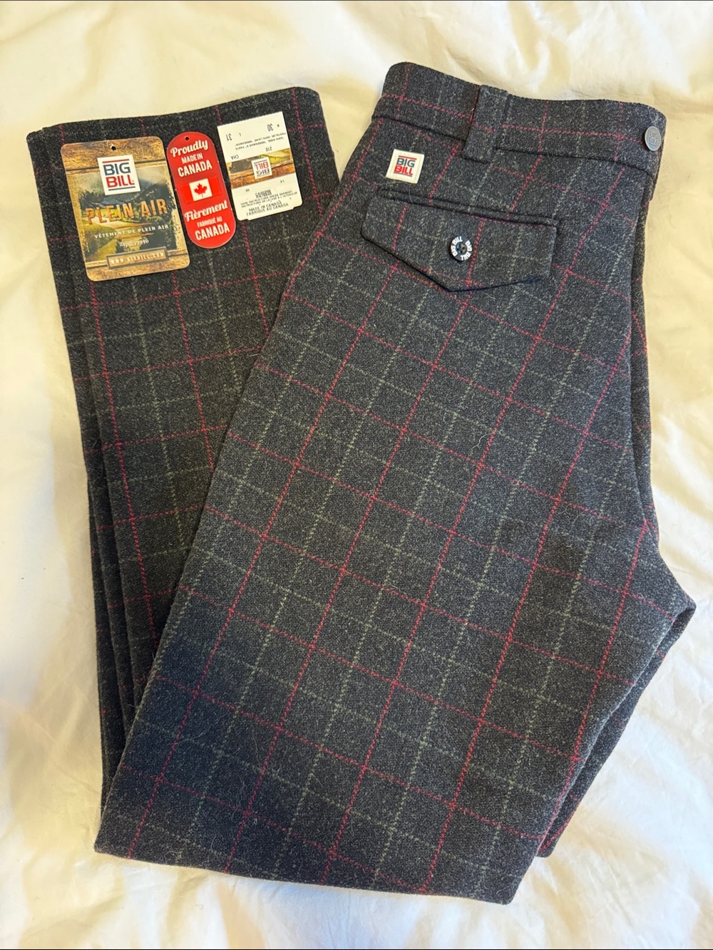 Big Bill Biodegradable Wool Work Pants with Red Windowpane and Brass Zipper